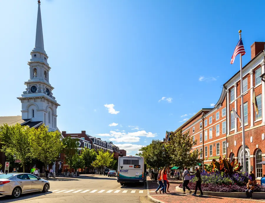 Market Square in Portsmouth, New Hampshire, with the North Church steeple